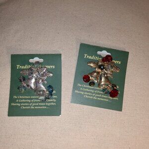 Two tradition keepers Christmas bells holiday pins. 1 silver, 1 Gold color.